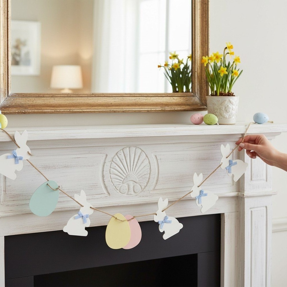 Festive Voice Easter Garland Bunny Egg Multicolor New Wooden Decor